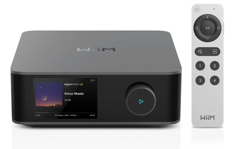 Wzmacniacz Stereo z Funkcjami Sieciowymi WiiM Amp Ultra front i pilot